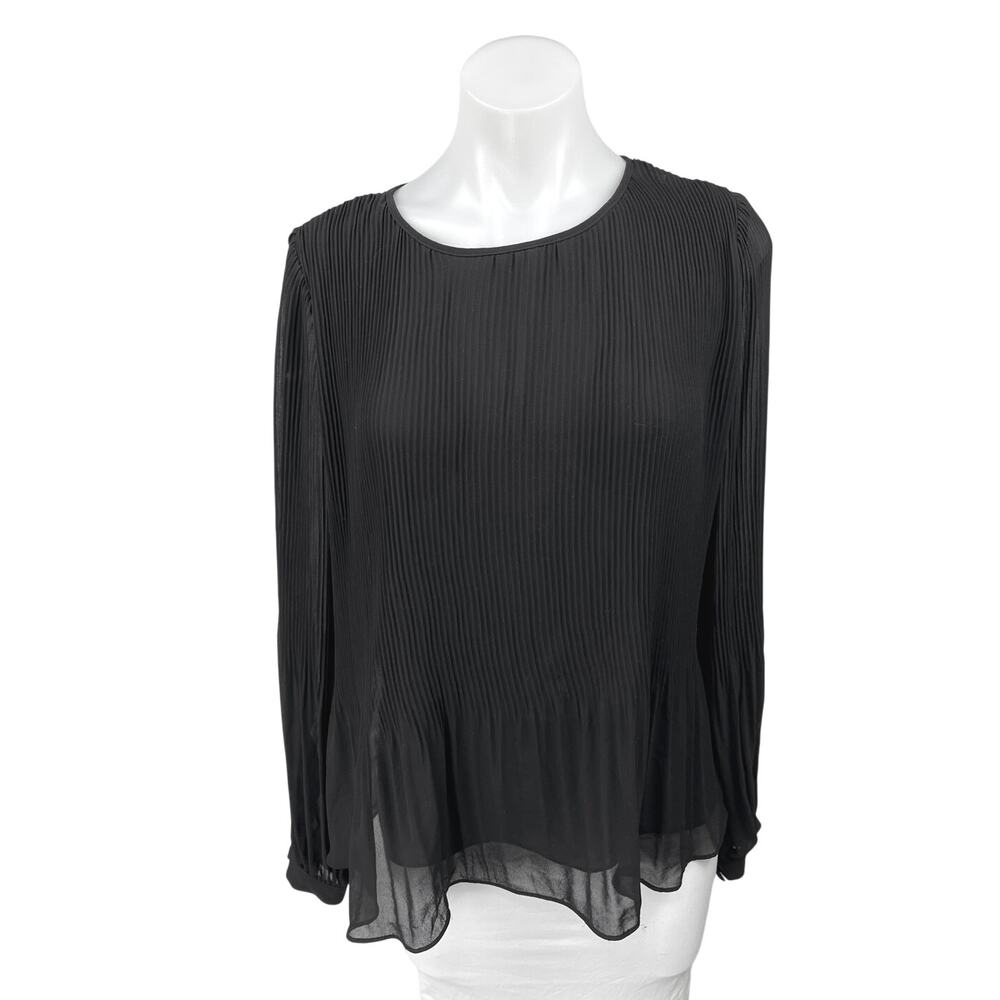 Zara Trafaluc Black Long Sleeve Pleated Mesh Relaxed Fit Blouse Top Size L